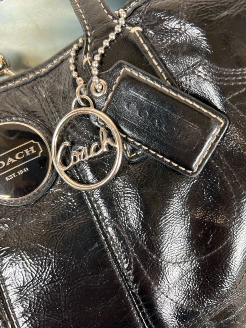 Coach Signature Stitch Frame Carryall Black Patent Leather Bag F15658 - Picture 11 of 16